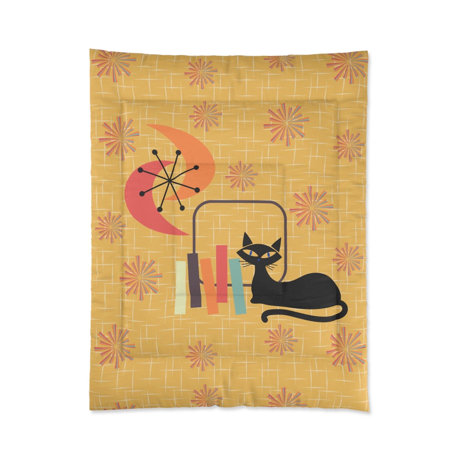 Atomic Cat Mid Century Mod Starburst Retro Yellow Comforter | lovevisionkarma.com
