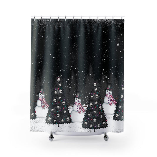 Creepy Snowmen Goth Christmas Tree Farm, Black Shower Curtain | lovevisionkarma.com