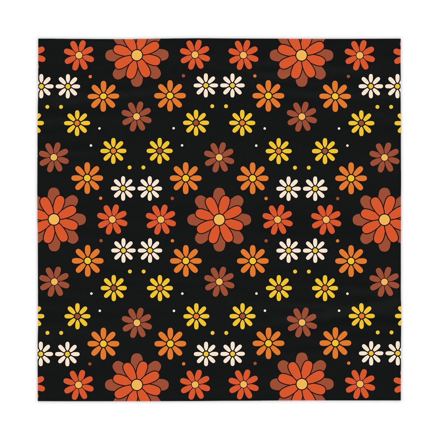 Retro 60s 70s Groovy Mod Daisy Floral Mid Century Black, Brown & Orange Tablecloth