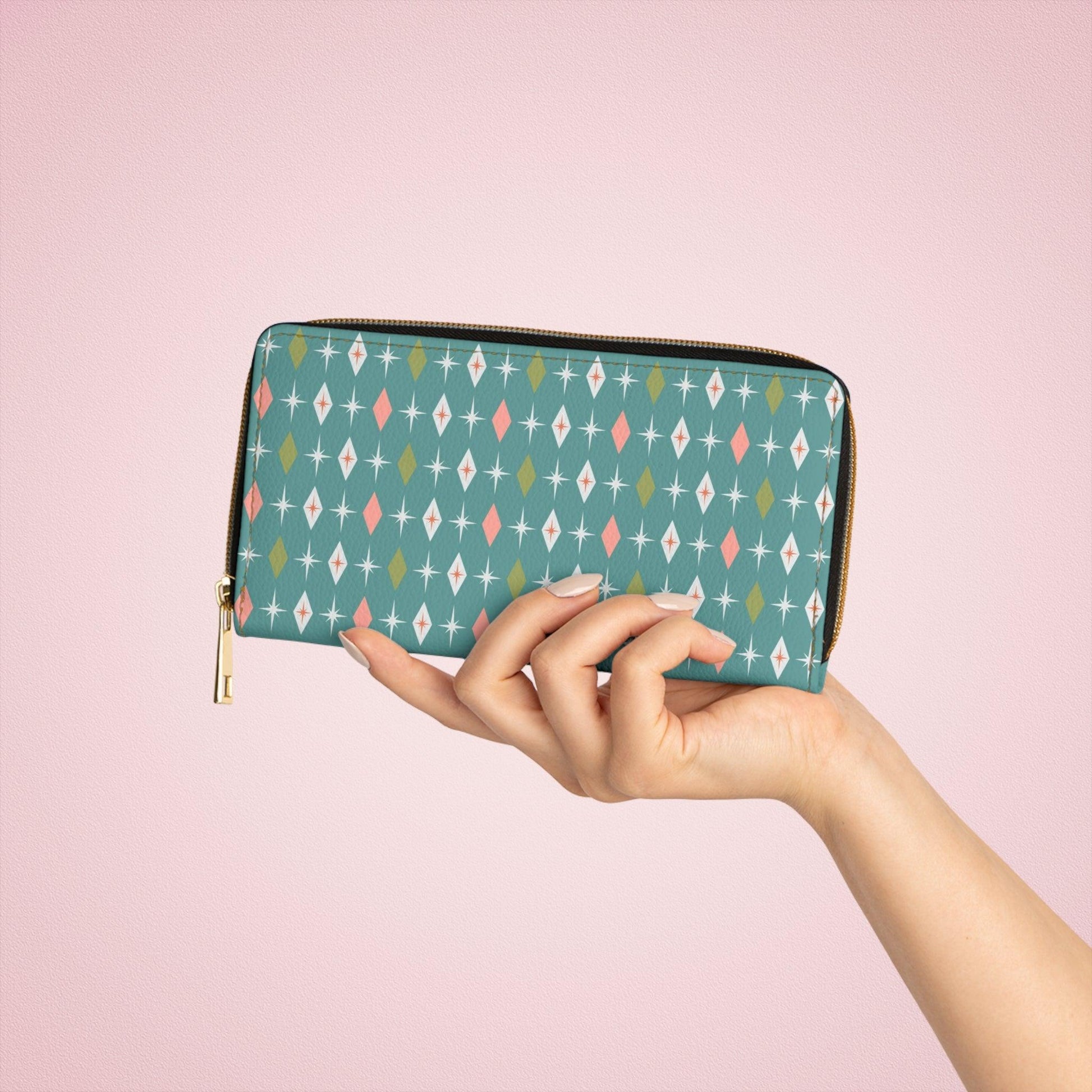 Retro Burst and Diamonds Mid Century Mod Teal and Pink Zipper Wallet | lovevisionkarma.com