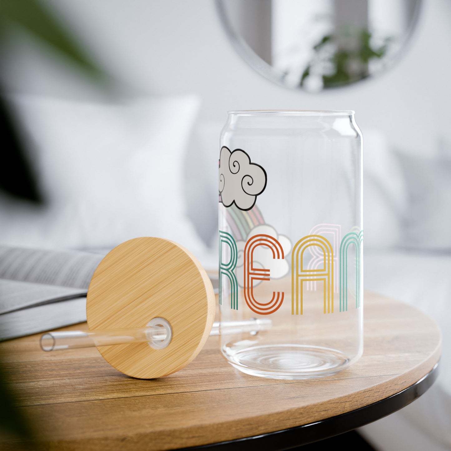 Rainbow and Cloud Dreamer Retro Aesthetic Multicolor Glass Can Sipper