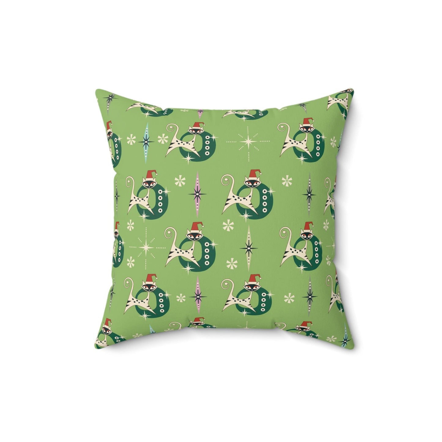 Retro 50s Kitsch Atomic Cats Mid Century Mod Light Green Christmas Throw Pillow | lovevisionkarma.com