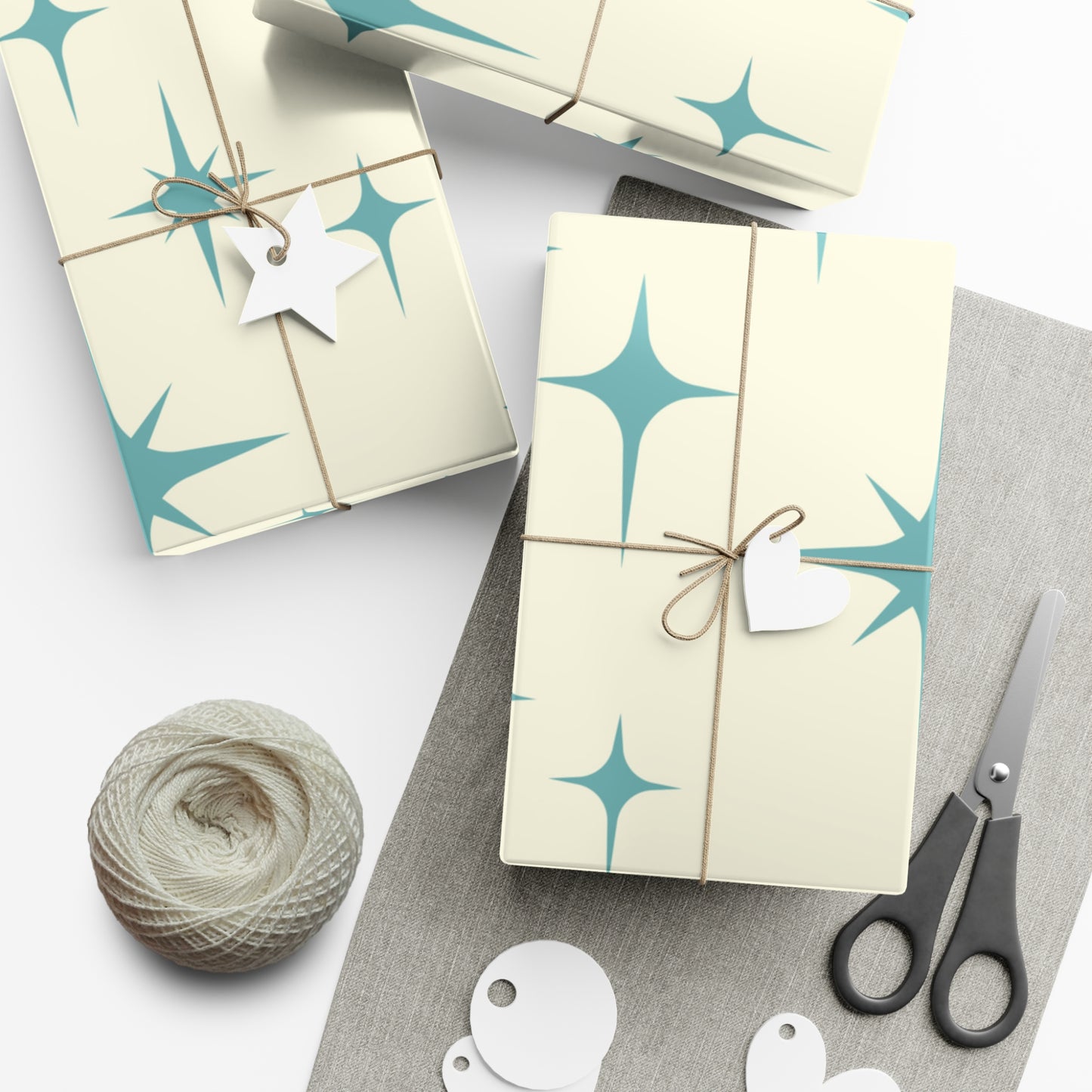 Large Starburst Version of Retro Atomic Starburst MCM Off-White & Blue Gift Wrapping Paper