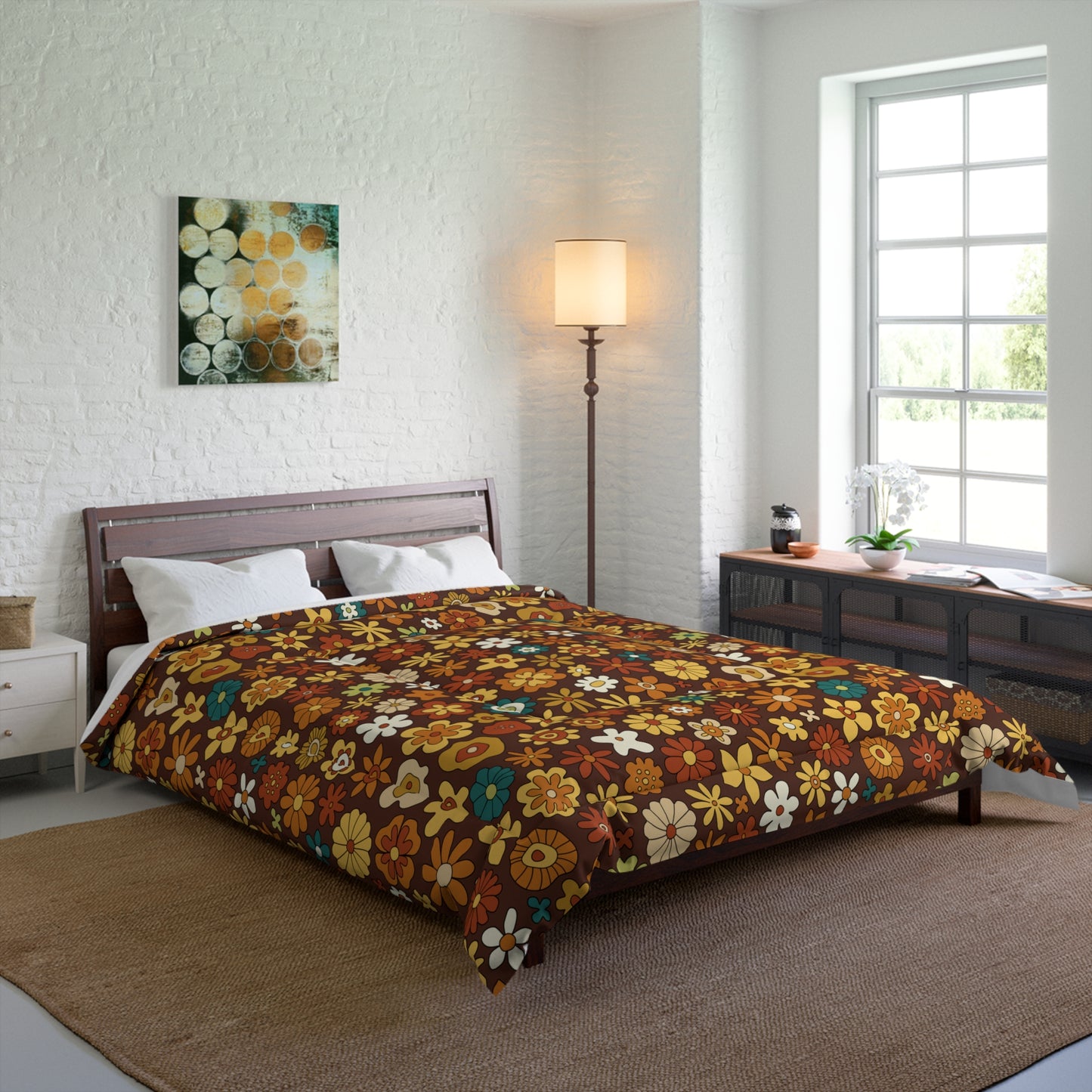 Retro 60s 70s Groovy Floral Mid Century Modern Brown Boho Comforter
