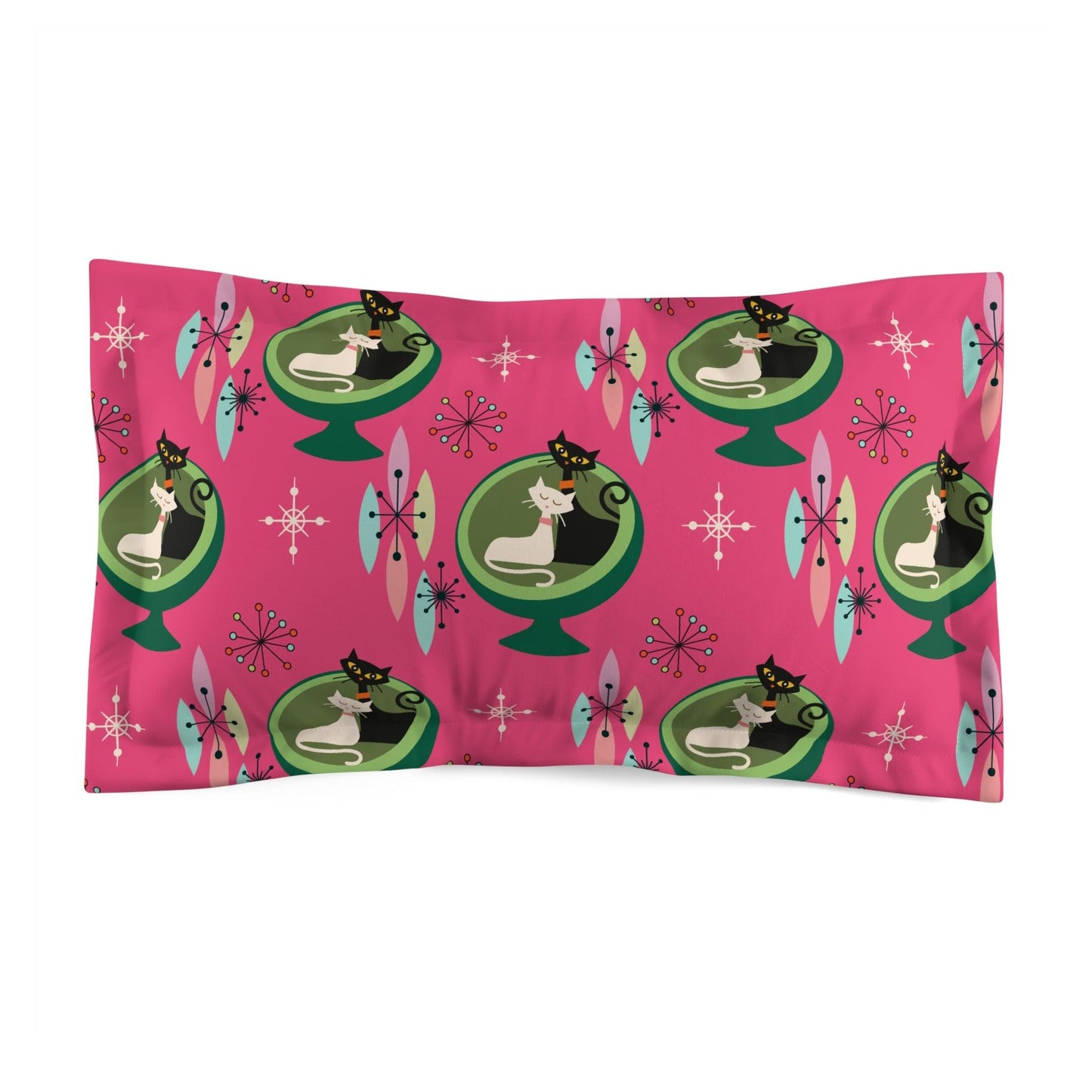 Retro 50s Atomic Cat Couple in Ball Chair Mid Century Mod Pink & Green Pillow Sham | lovevisionkarma.com