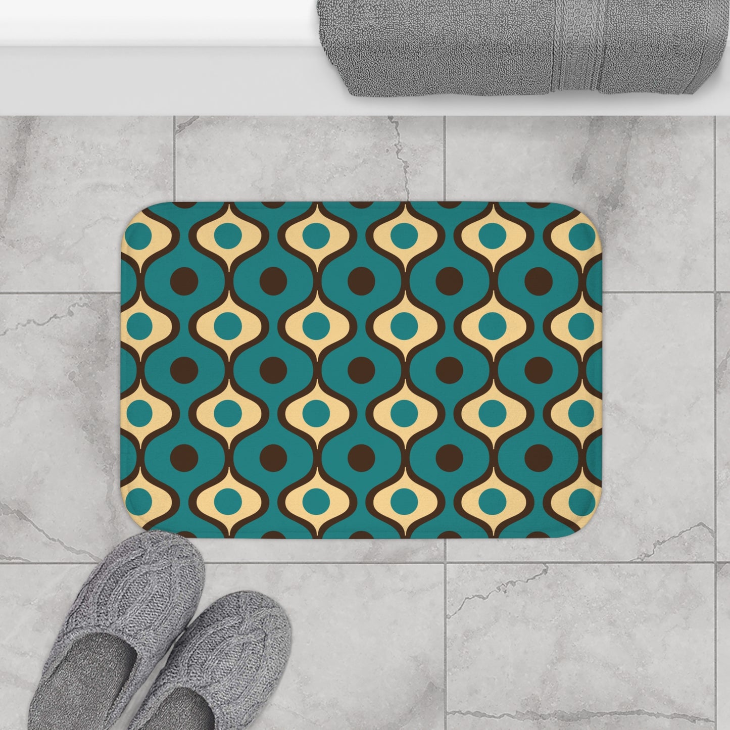Retro 60s 70s Groovy Geometric Waves Mid Century Mod Blue & Brown Bath Mat