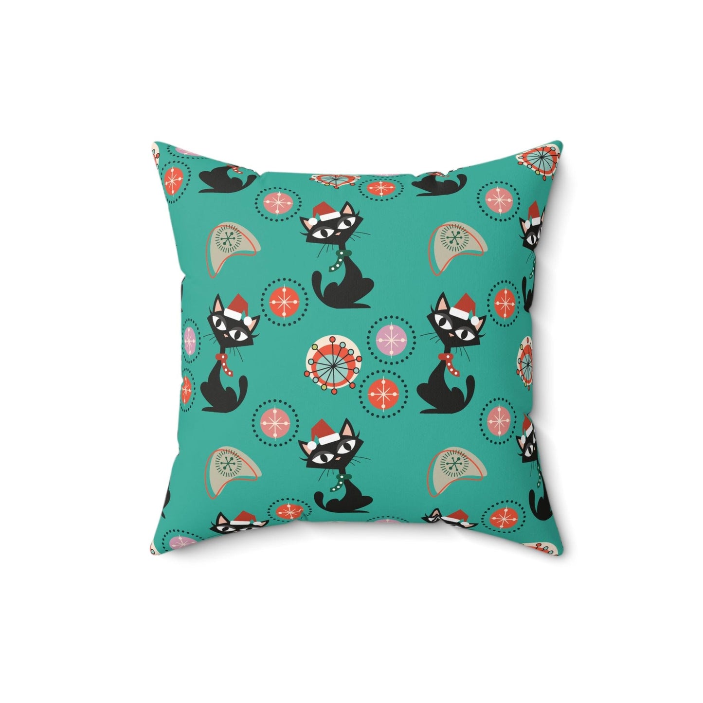 Retro Atomic Cats 1950's Christmas Mid Century Mod Teal Blue Throw Pillow | lovevisionkarma.com