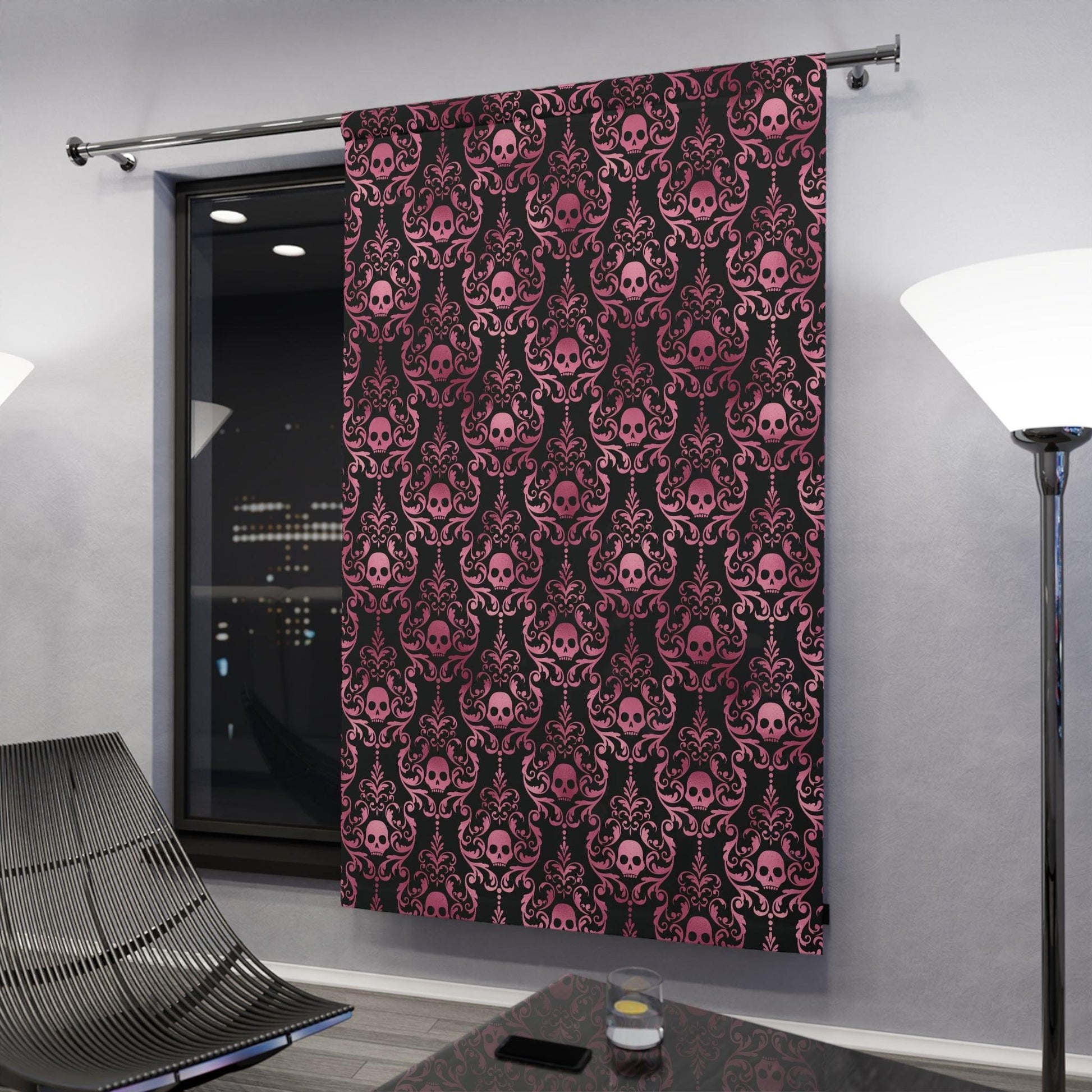 Victorian Goth Inspired Skull Damask Dark Academia Glam Goth Black & Pink Blackout Window Curtain Panel | lovevisionkarma.com