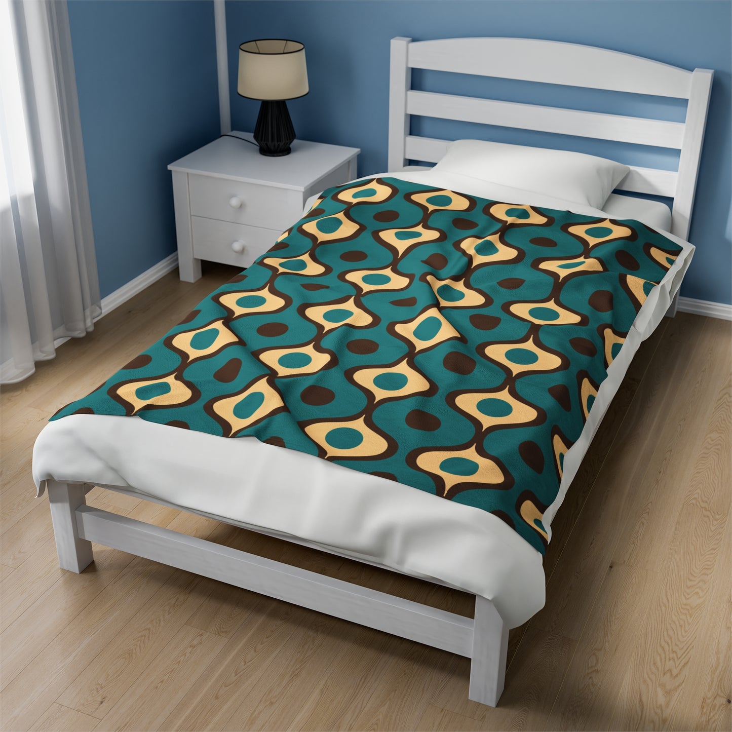 Retro 60s 70s Mid Century Mod Funky Geo Blue, Cream & Brown Lightweight Velveteen Blanket