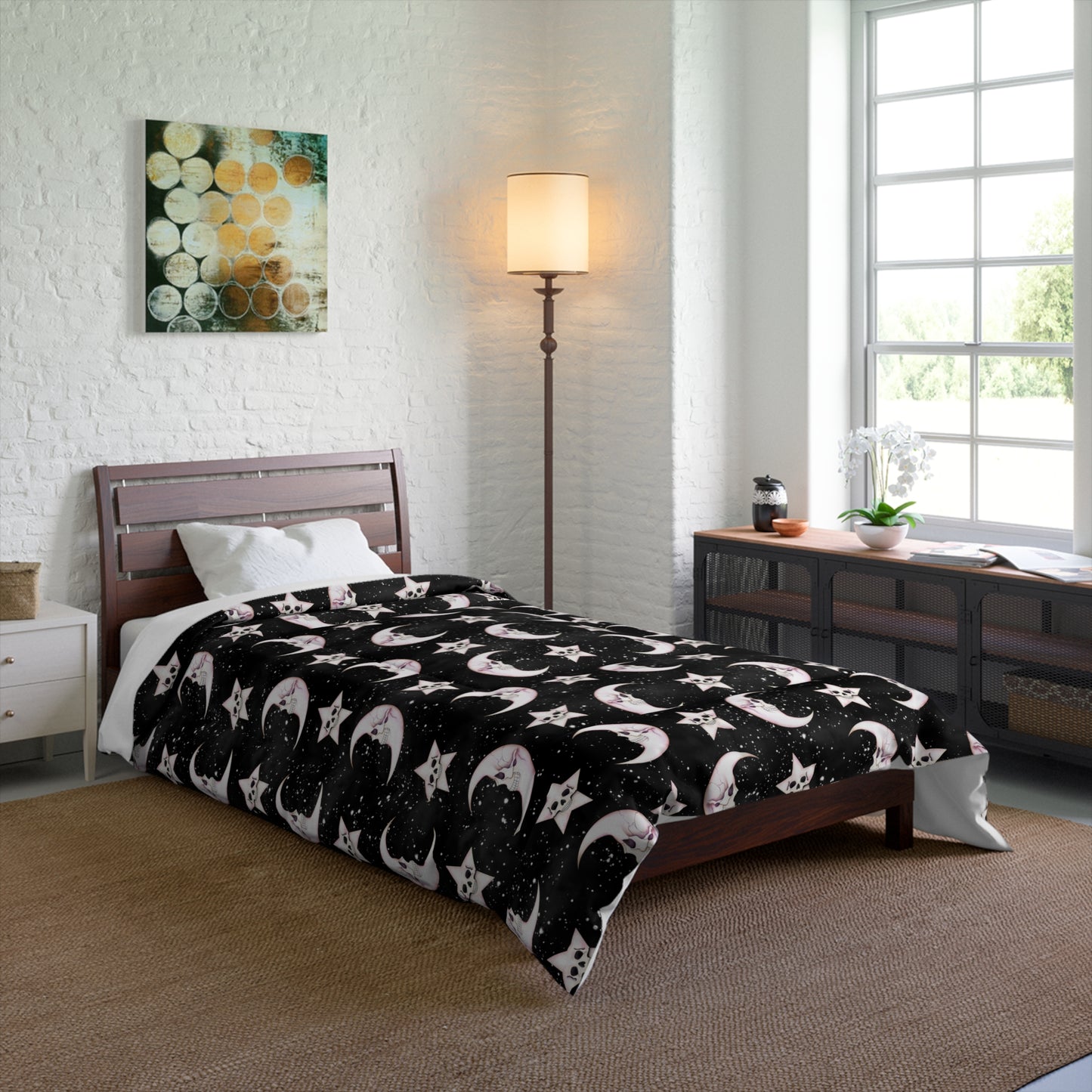 Celestial Macabre Moons and Skeletal Stars Kawaii Whimsigoth Glam Goth Black Comforter