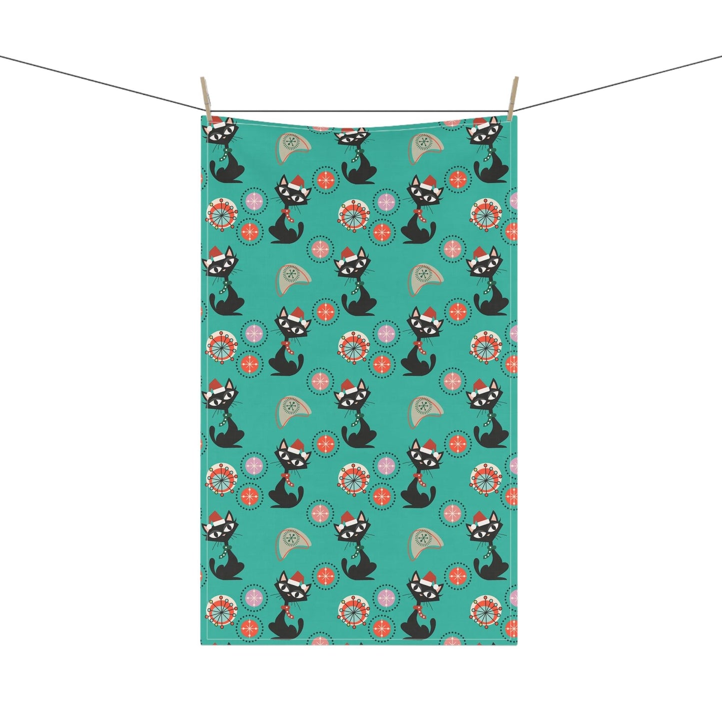 Retro 50s Atomic Cat Christmas Teal Blue Mid Century Modern Kitchen Tea Towel | lovevisionkarma.com