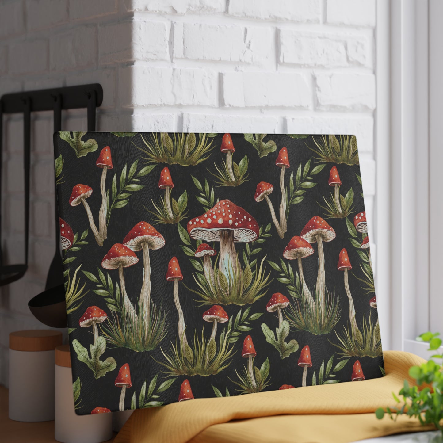 Amanita Muscaria Mushroom, Boho Dark Cottagecore Watercolor Black, Red & Green Glass Cutting Board