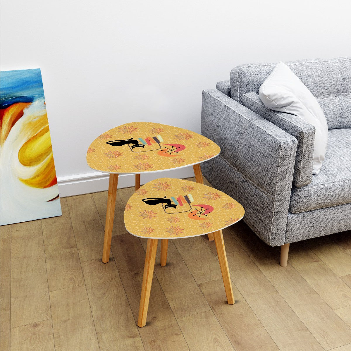 Retro Atomic Cat & 1950's Starbursts Mid Century Mod Yellow Nesting Tables