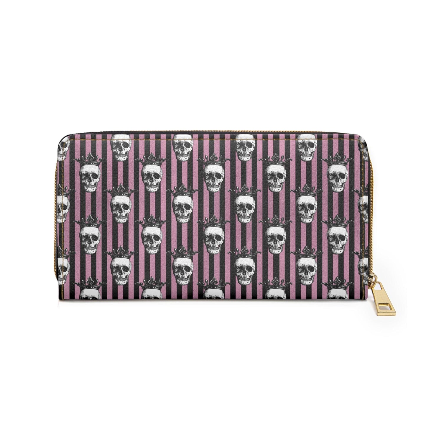Skulls with Crowns Goth Glam Black & Pink Striped Zipper Wallet | lovevisionkarma.com