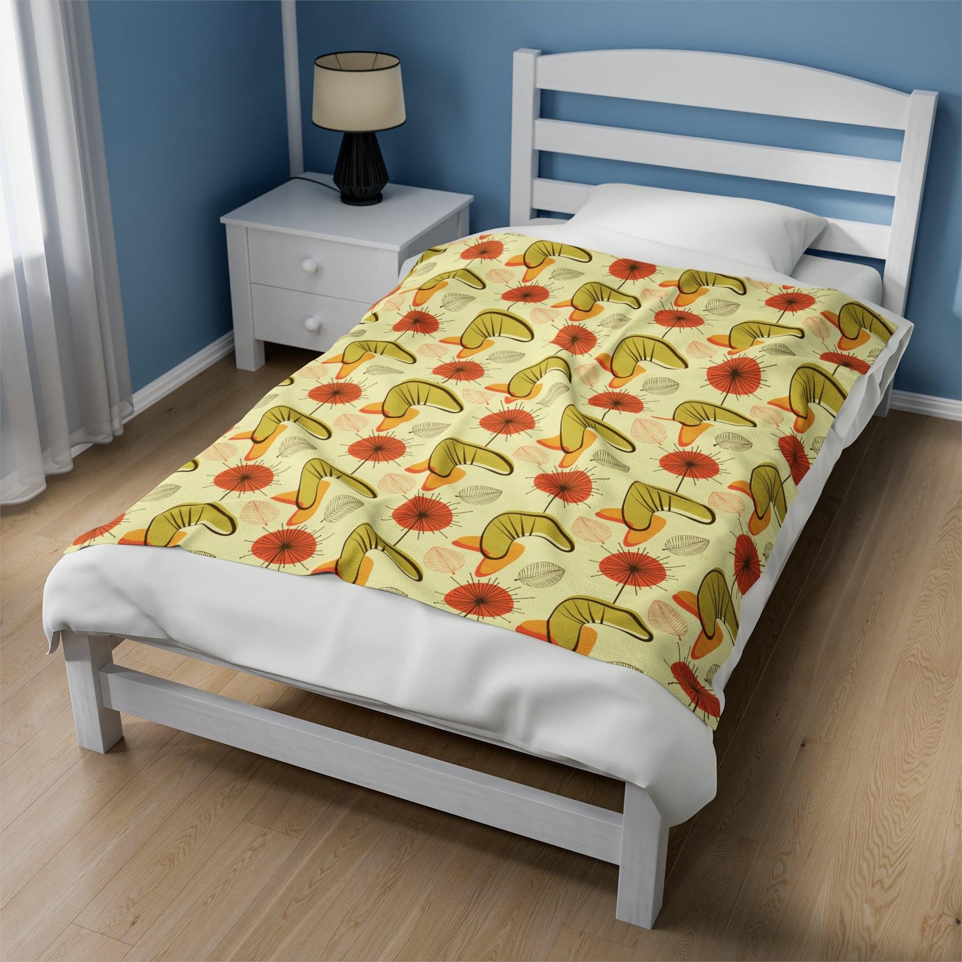 Retro Atomic Boomerangs & Leaves MCM Orange, Green & Yellow Lightweight Velveteen Blanket | lovevisionkarma.com