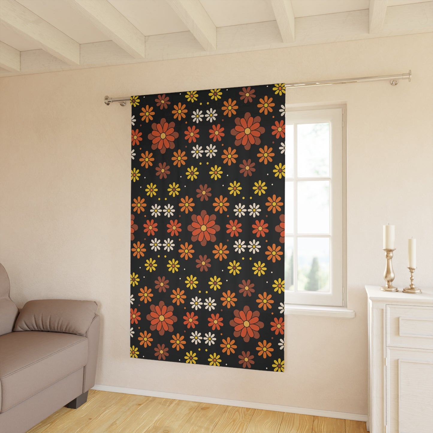 Retro 60s 70s Groovy Mod Daisy Floral Mid Century Black, Brown & Orange Blackout Window Curtain
