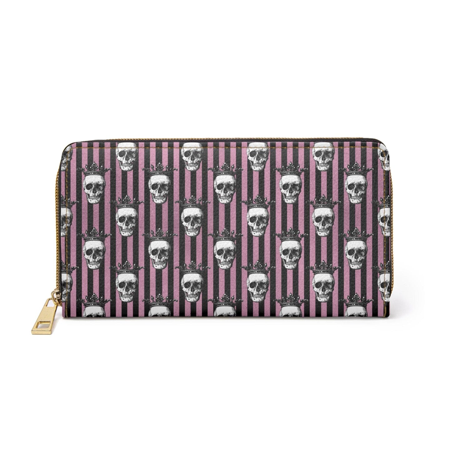 Skulls with Crowns Goth Glam Black & Pink Striped Zipper Wallet | lovevisionkarma.com