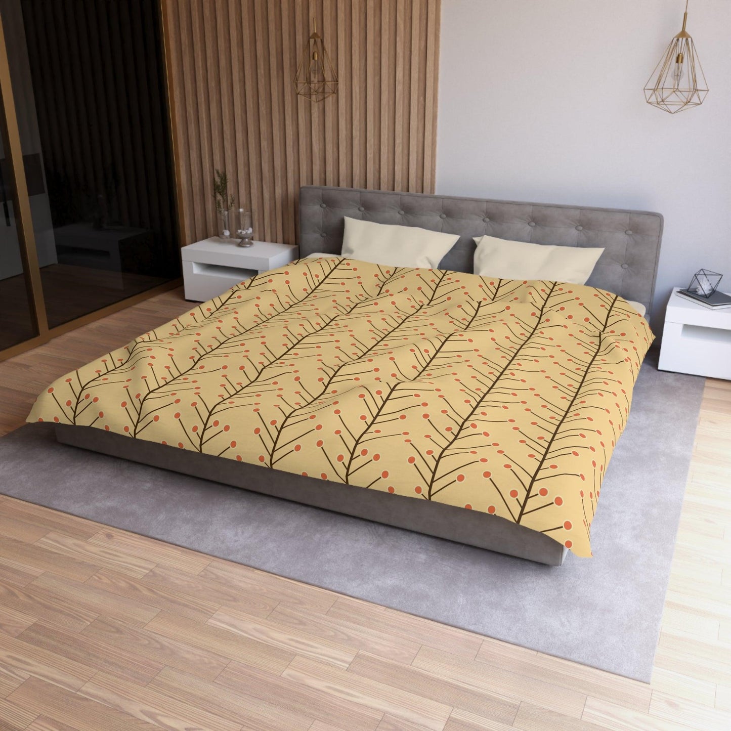 Retro 50s Mid Century Mod, Minimalist Trees Yellow Beige Duvet Cover | lovevisionkarma.com