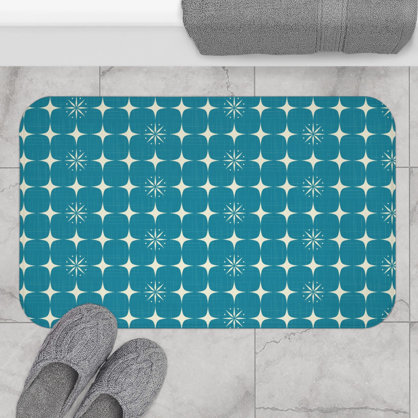 Retro 50's Atomic Starburst Mid Century Blue Bath Mat