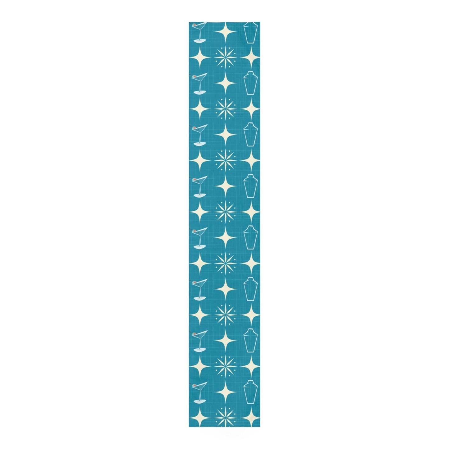 Atomic Mid Century Mod Table Runner - Starburst & Martini Blue Retro Table Linens | lovevisionkarma.com