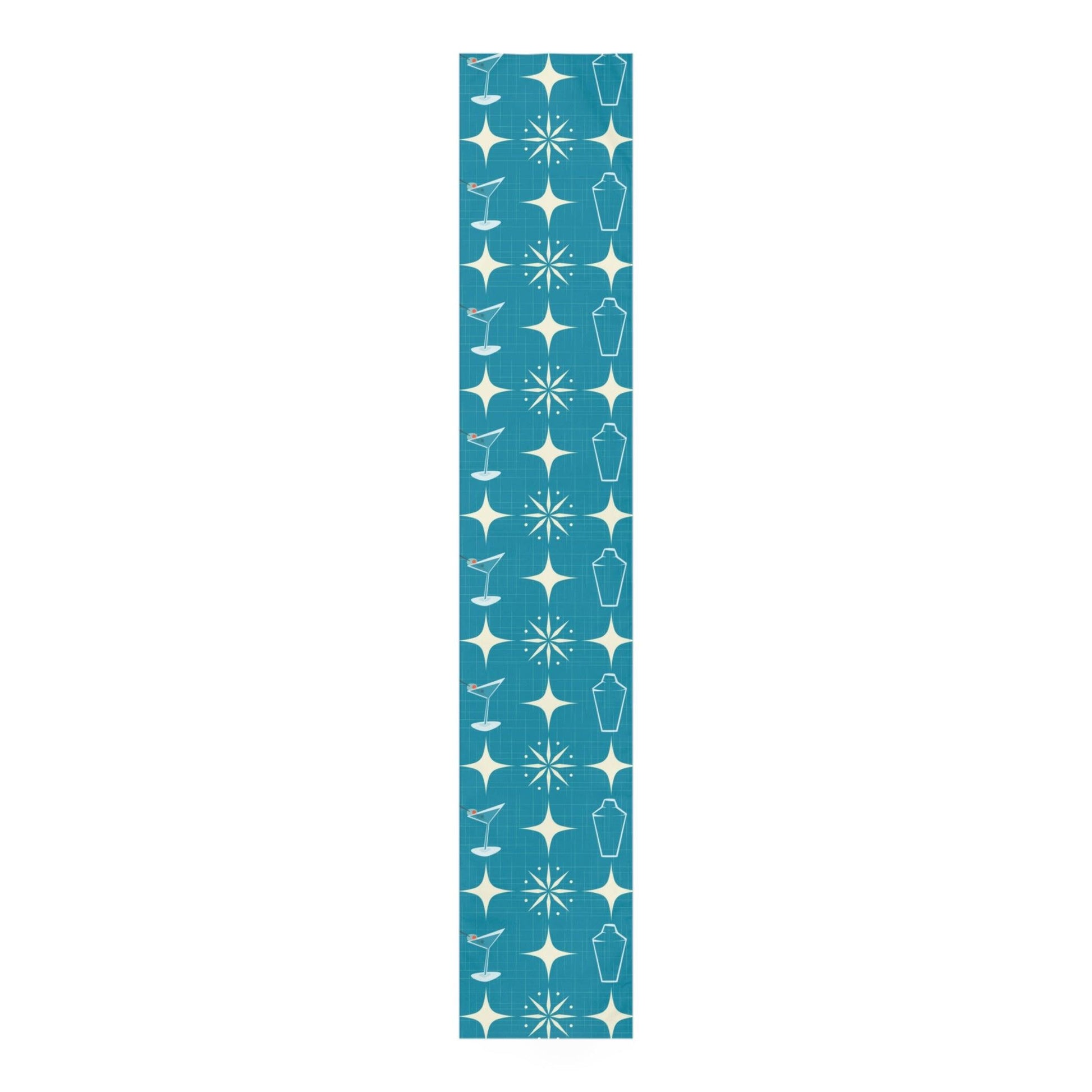 Atomic Mid Century Mod Table Runner - Starburst & Martini Blue Retro Table Linens | lovevisionkarma.com