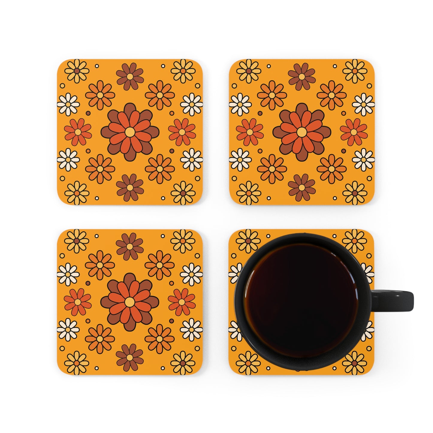Retro 60s 70s Groovy Mod Daisy Mid Century Orange, Brown & Mustard Coaster Set