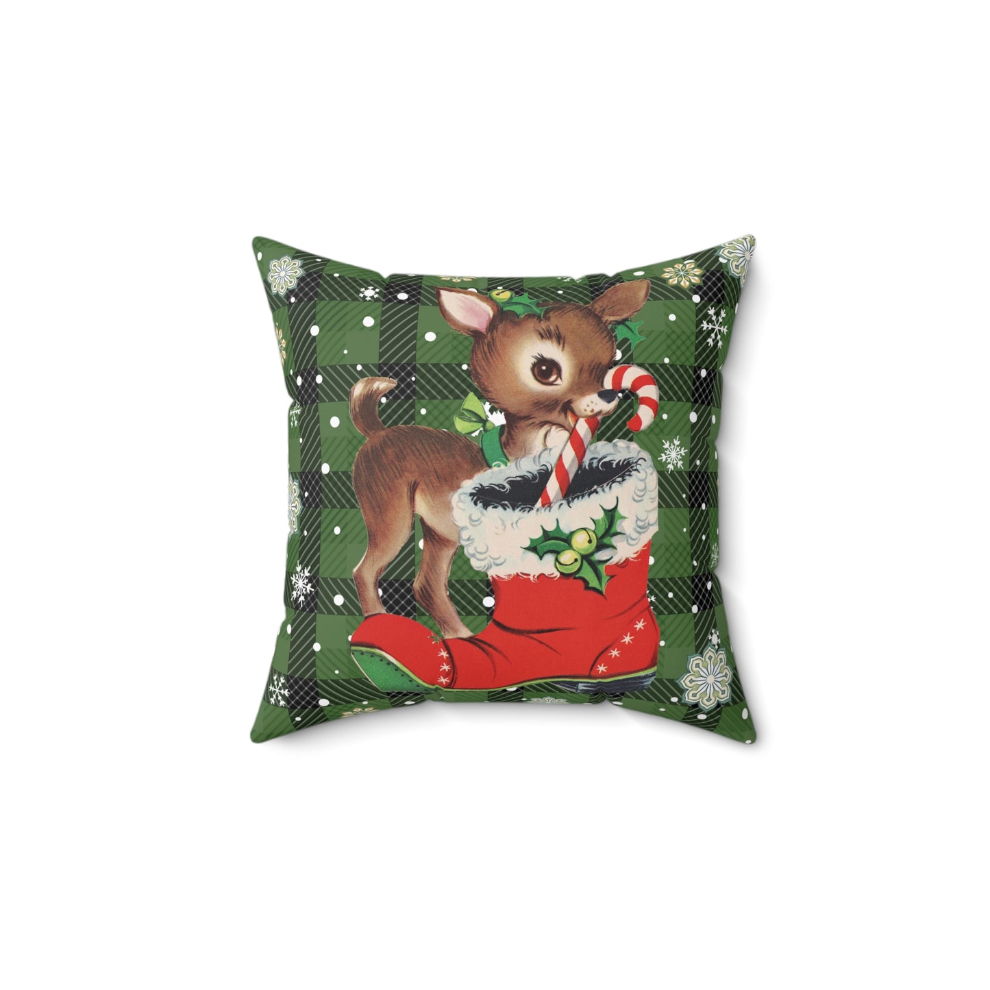 Retro 50s Christmas Vintage Reindeer MCM Green Throw Pillow