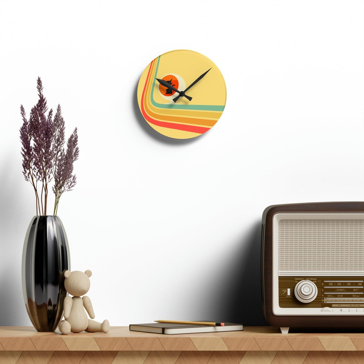 Retro Atomic Cat in Ball Chair, Yellow Mid Century Mod Acrylic Wall Clock | lovevisionkarma.com