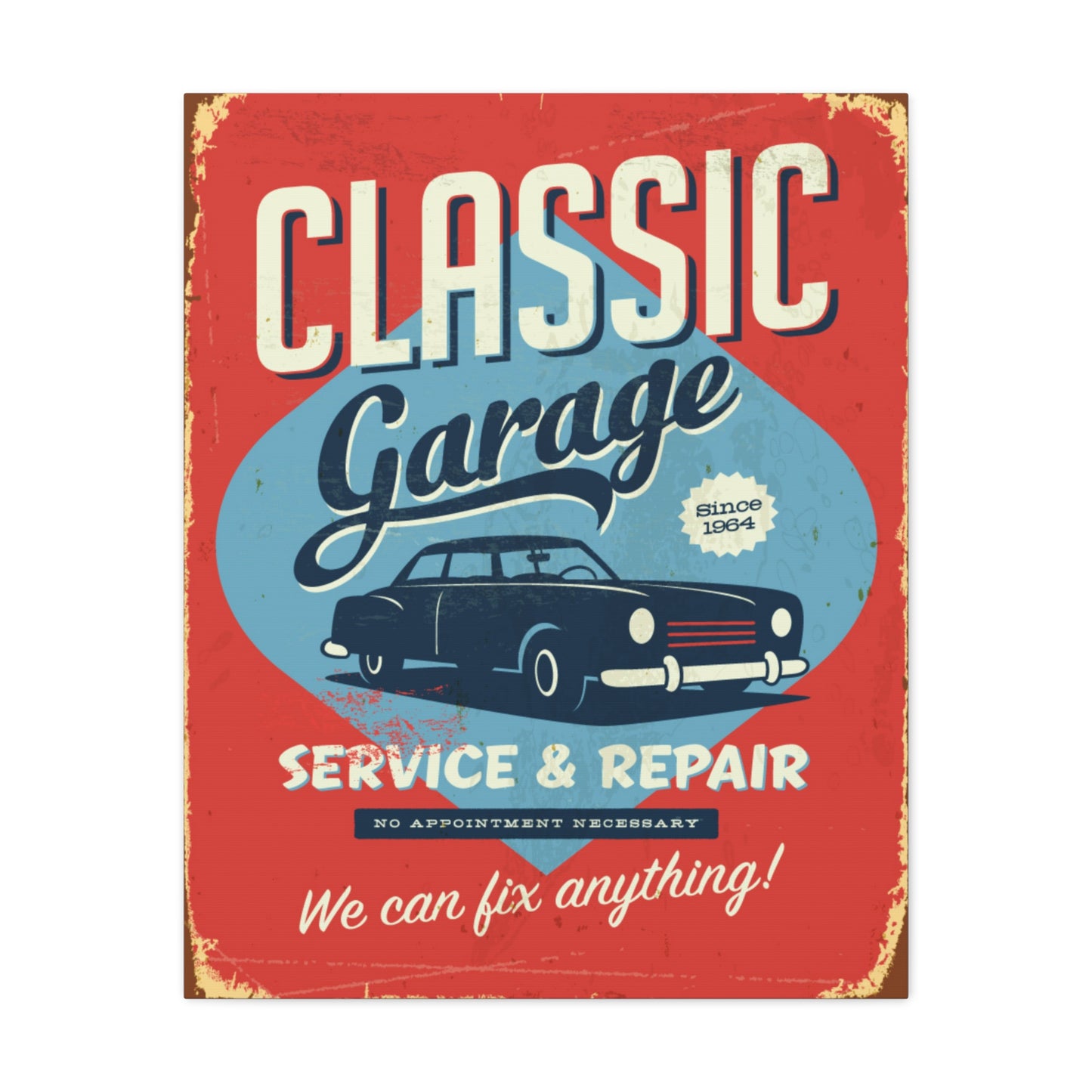 Retro 1950's Classic Car Garage Sign Mid Century Modern Orange & Blue Canvas Wall Art