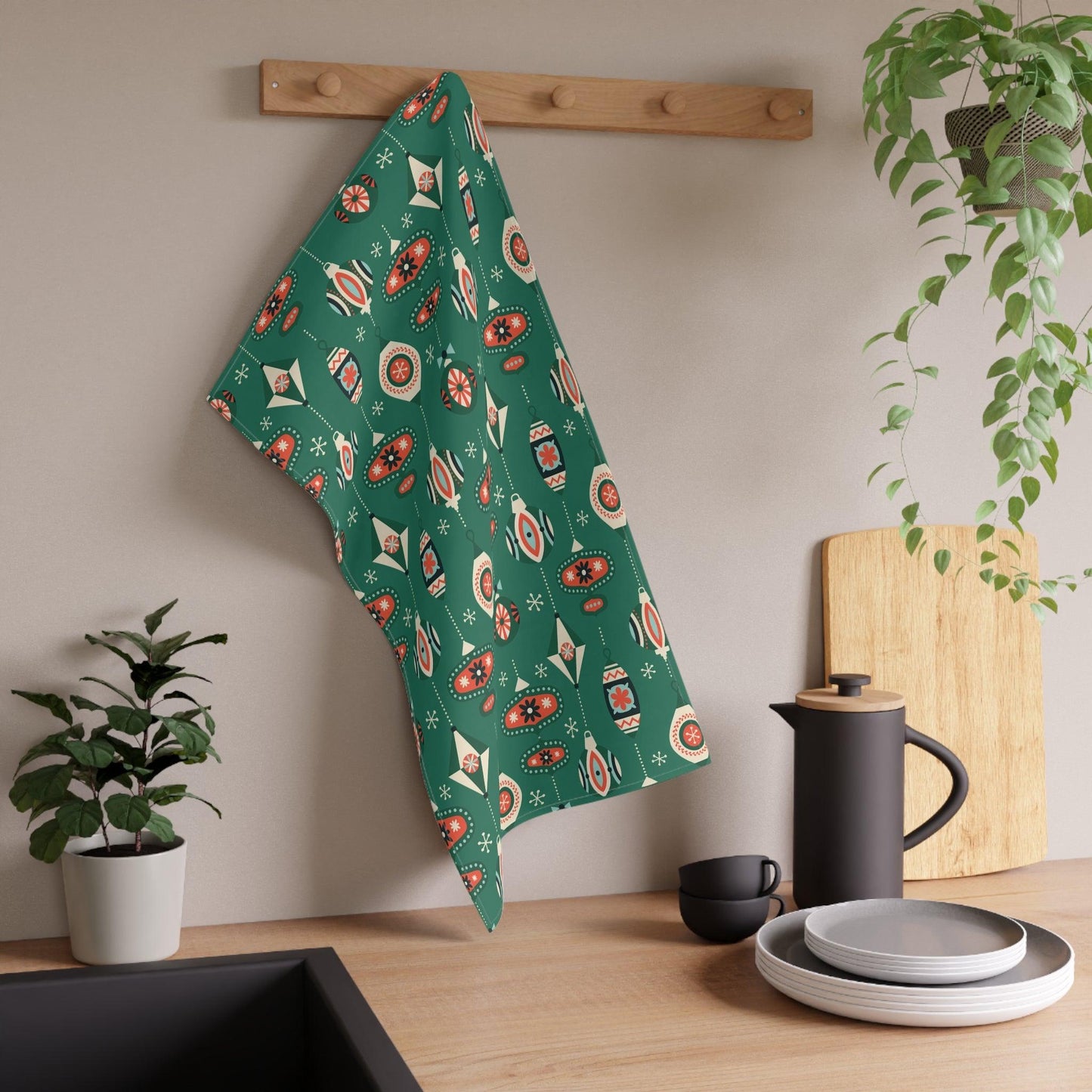 Retro 1950's Christmas Mid Century Modern Baubles & Ornaments Green Kitchen Tea Towel | lovevisionkarma.com