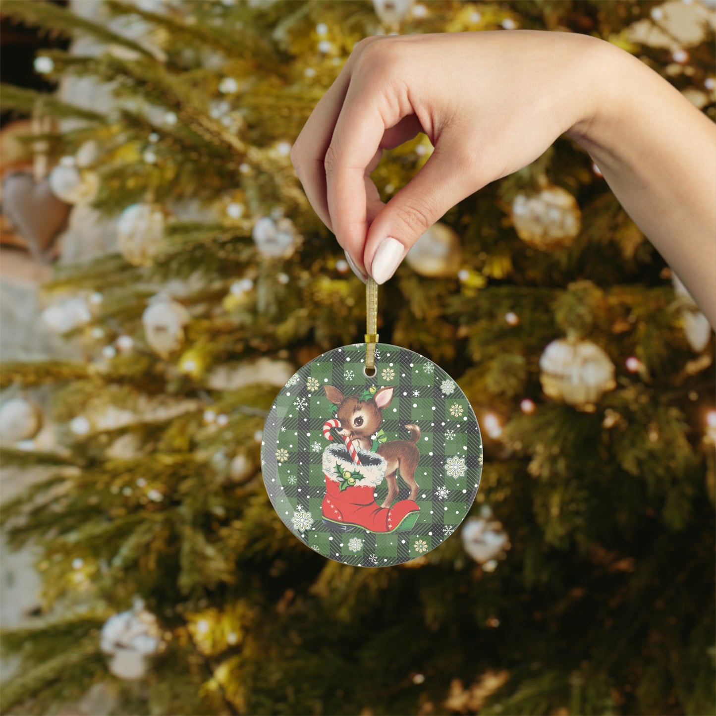 Retro 50s Vintage Christmas Reindeer MCM Green Glass Ornament