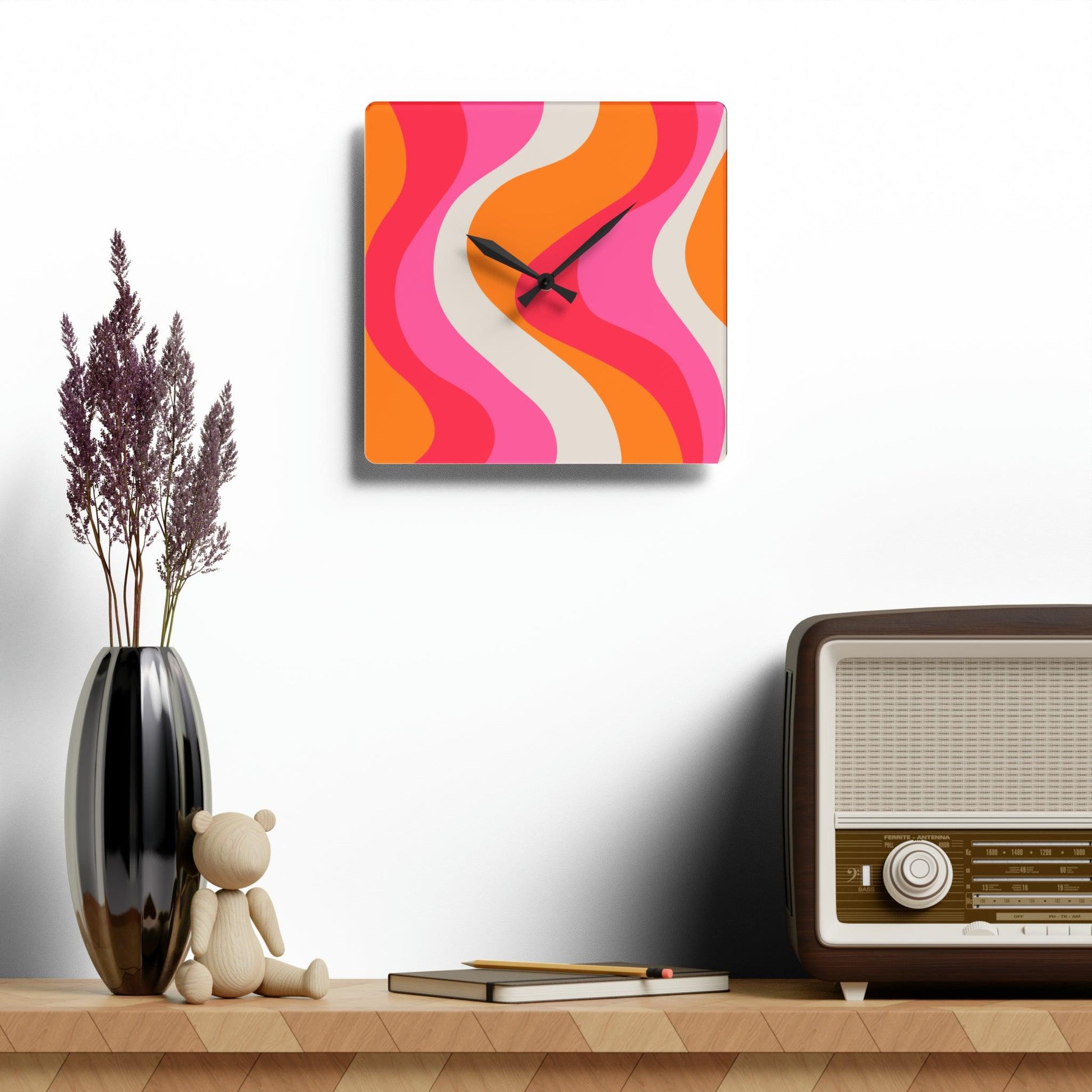 Groovy 60's Hippie Swirl Pink & Orange Mid Century Mod Acrylic Wall Clock | lovevisionkarma.com