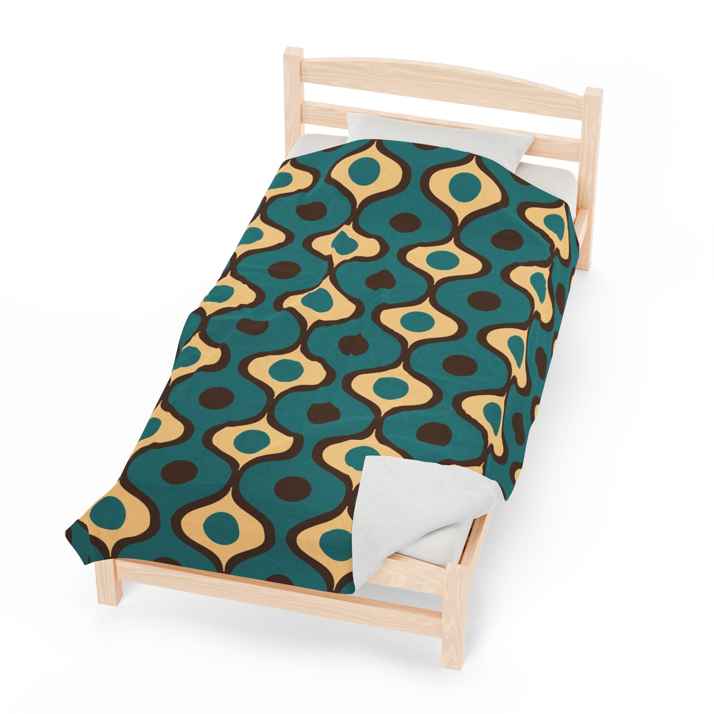Retro 60s 70s Mid Century Mod Funky Geo Blue, Cream & Brown Lightweight Velveteen Blanket