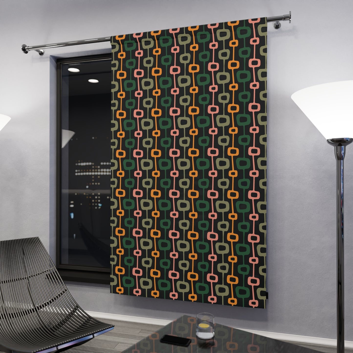 Retro Mid Century Mod Abstract Black, Green & Mustard Blackout Window Curtain