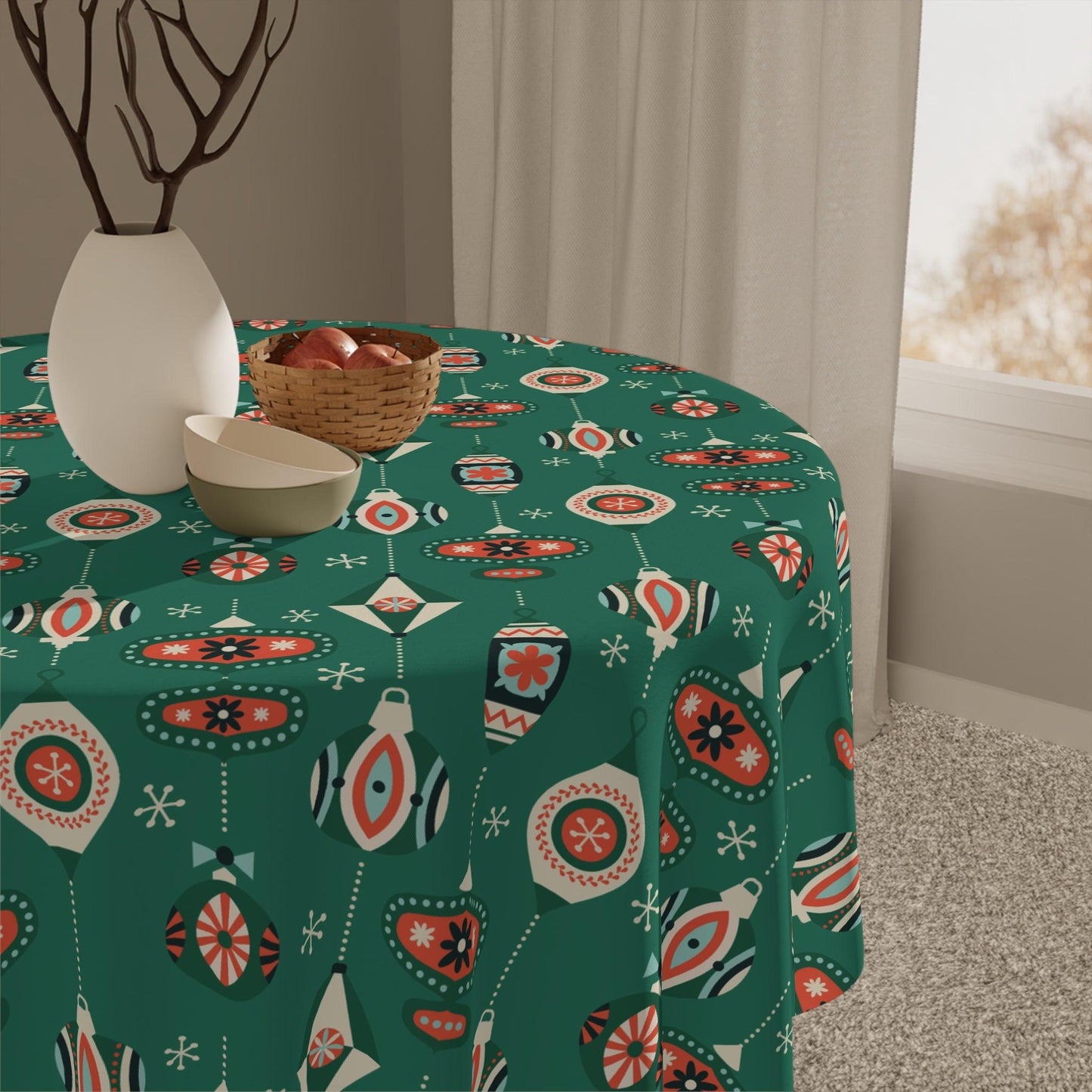 Retro 1950s Christmas Mid Century Mod Baubles & Ornaments Green Holiday Tablecloth | lovevisionkarma.com