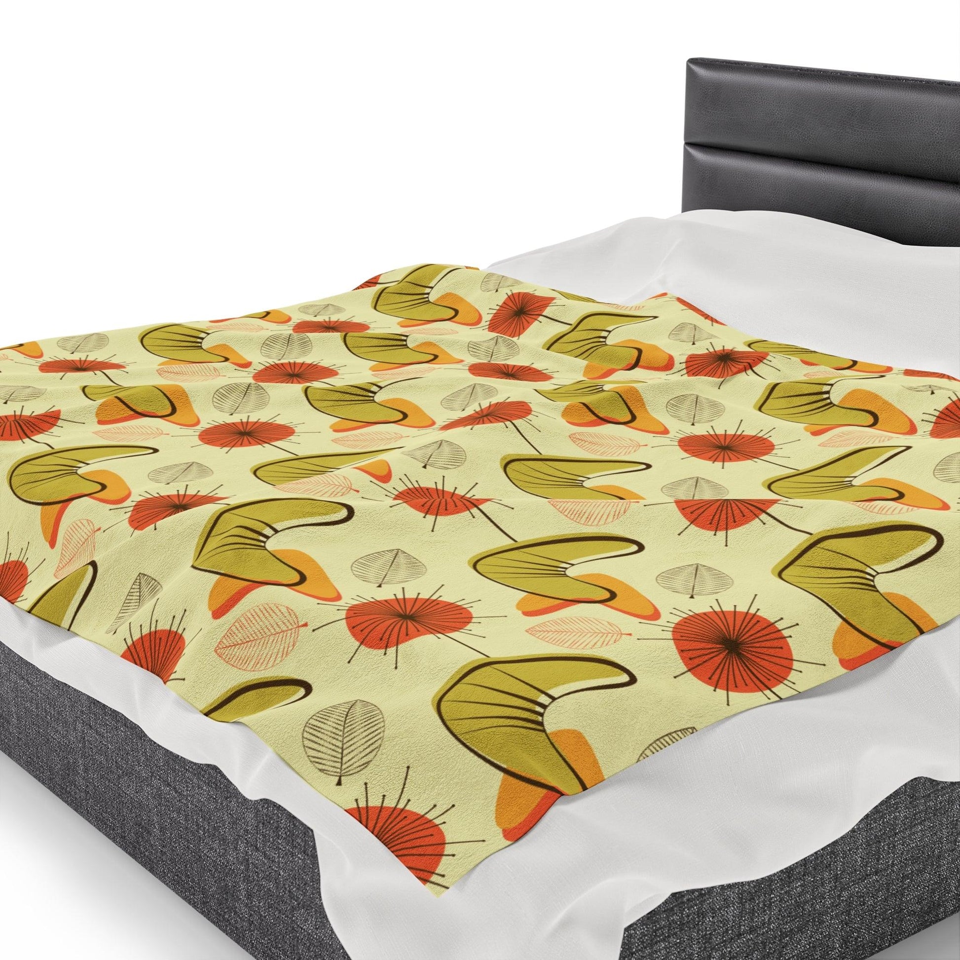 Retro Atomic Boomerangs & Leaves MCM Orange, Green & Yellow Lightweight Velveteen Blanket | lovevisionkarma.com