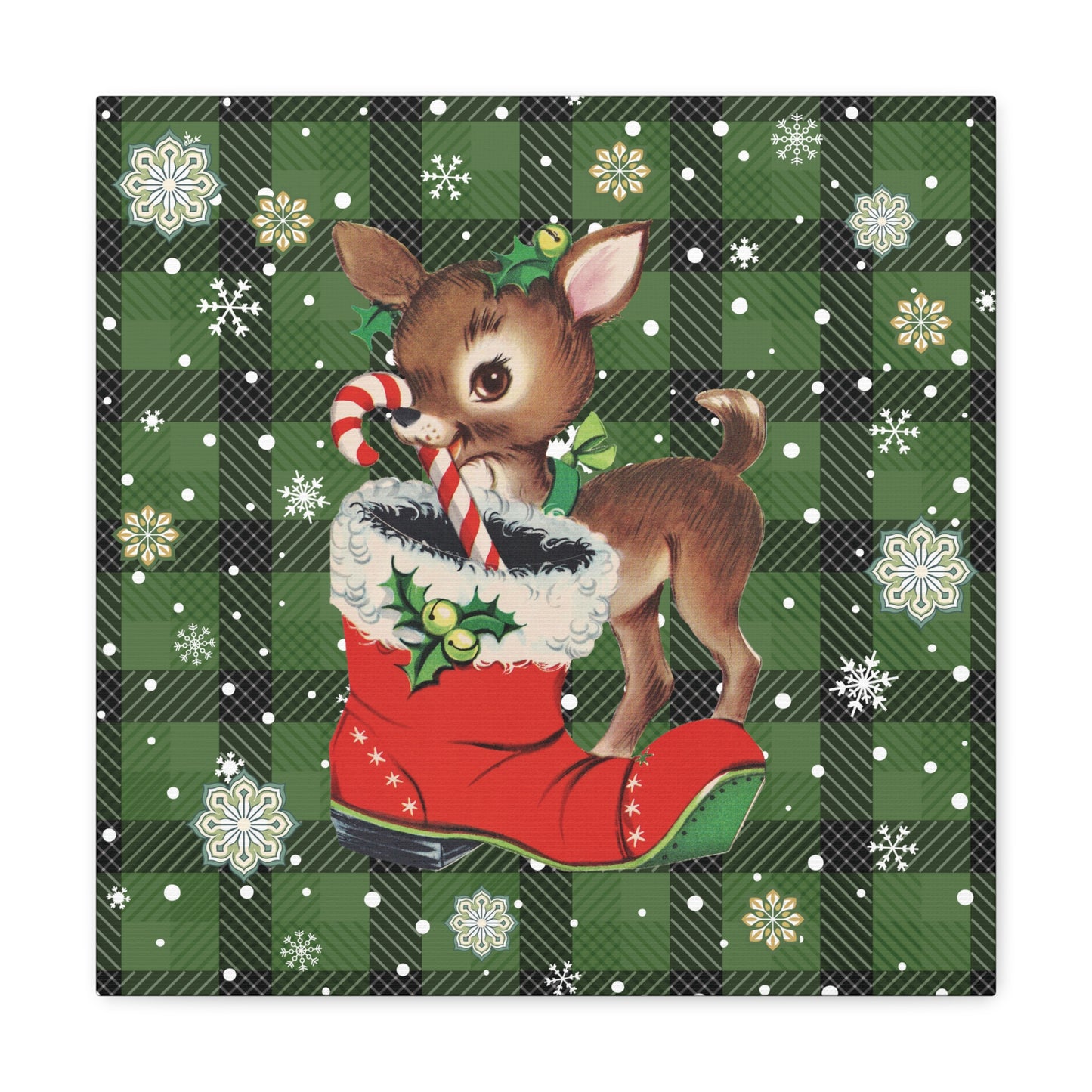 Retro 50s Christmas Vintage Reindeer MCM Green Canvas Gallery Wrap