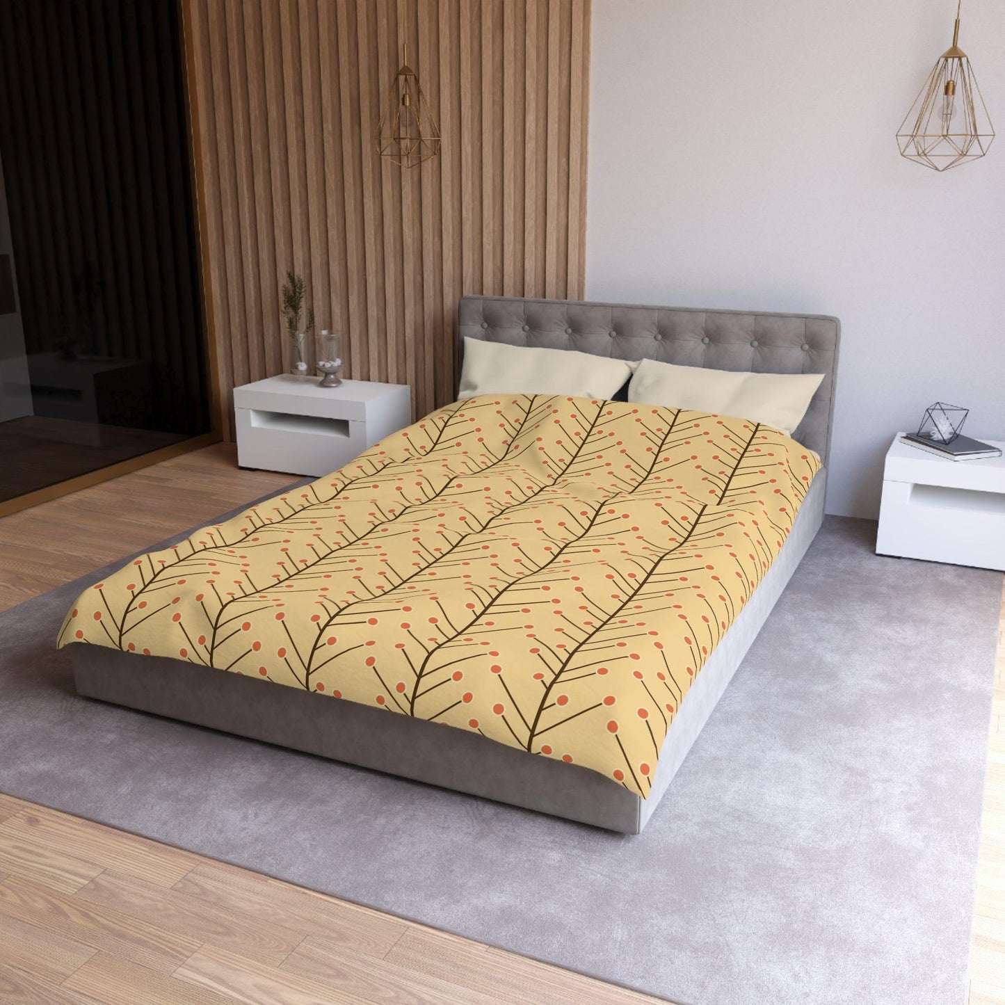 Retro 50s Mid Century Mod, Minimalist Trees Yellow Beige Duvet Cover | lovevisionkarma.com