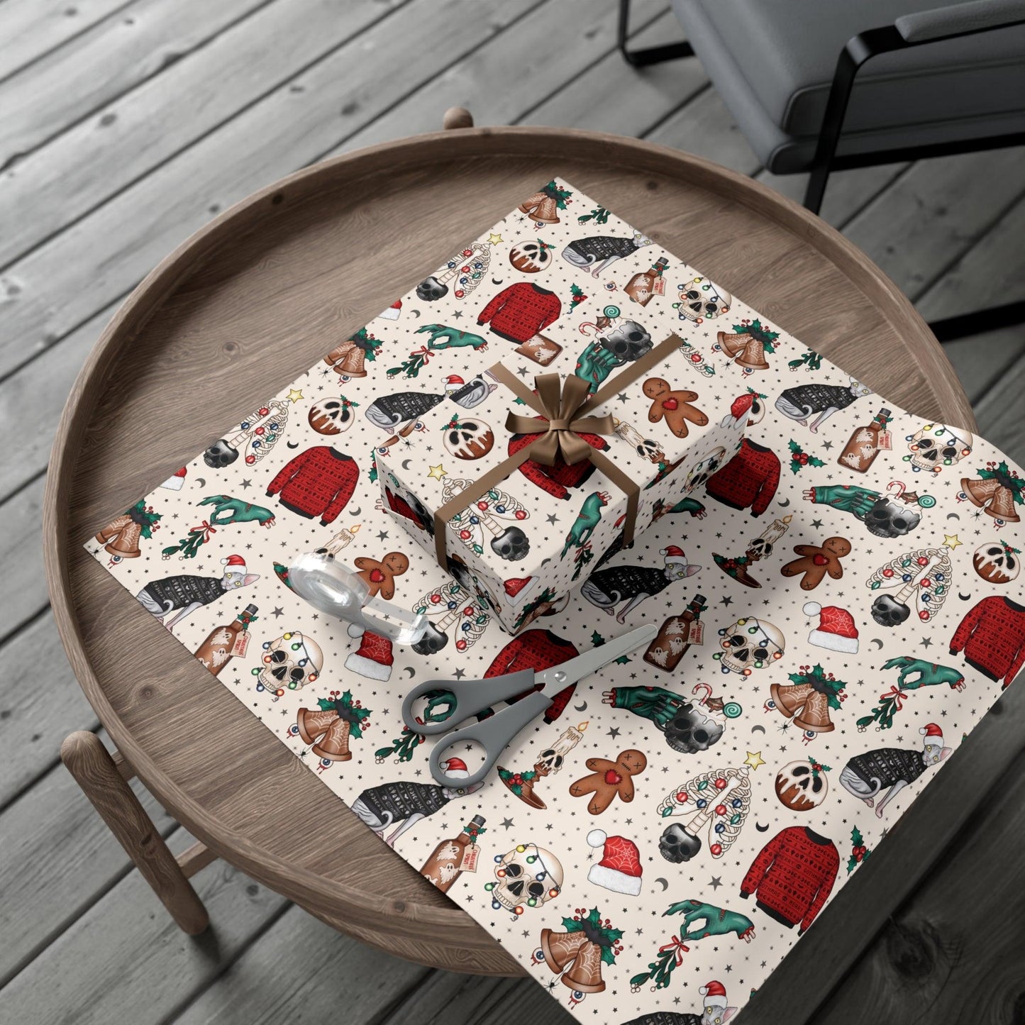 Goth Christmas Kitsch Skulls, Cats & Zombie Hands Multicolor Eco-Friendly Gift Wrap Paper | lovevisionkarma.com