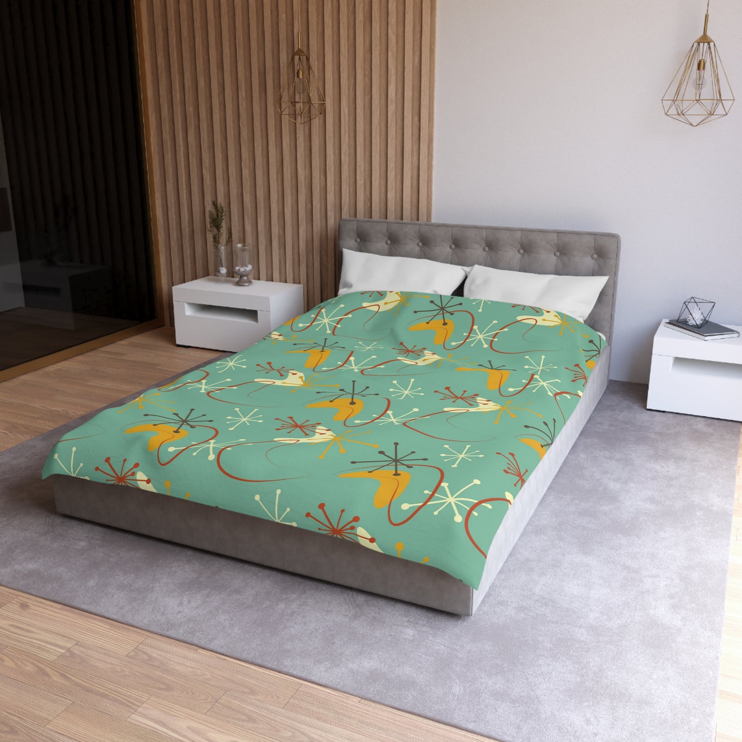 Retro Atomic Starburst & Boomerang Mid Century Blue & Mustard Duvet Cover