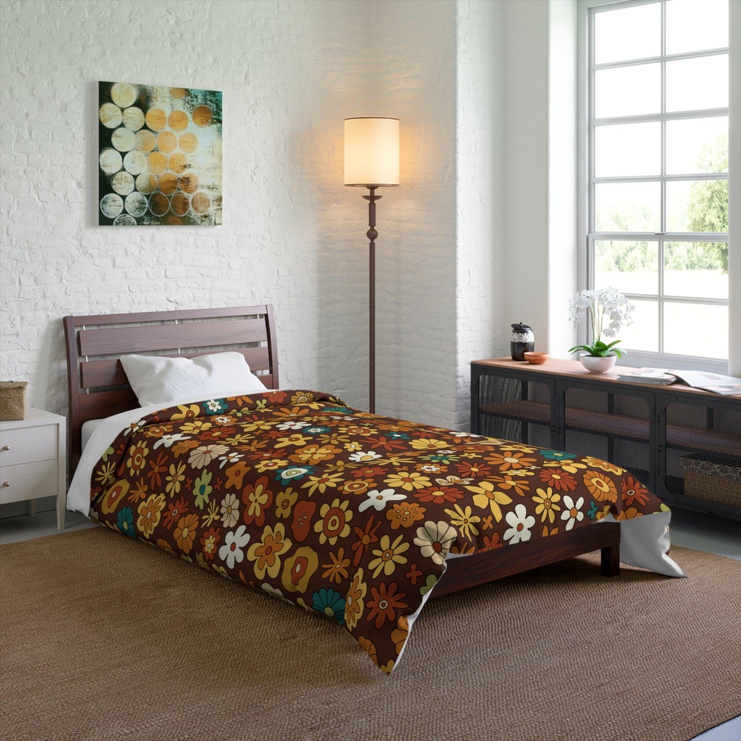 Retro 60s 70s Groovy Floral Mid Century Modern Brown Boho Comforter