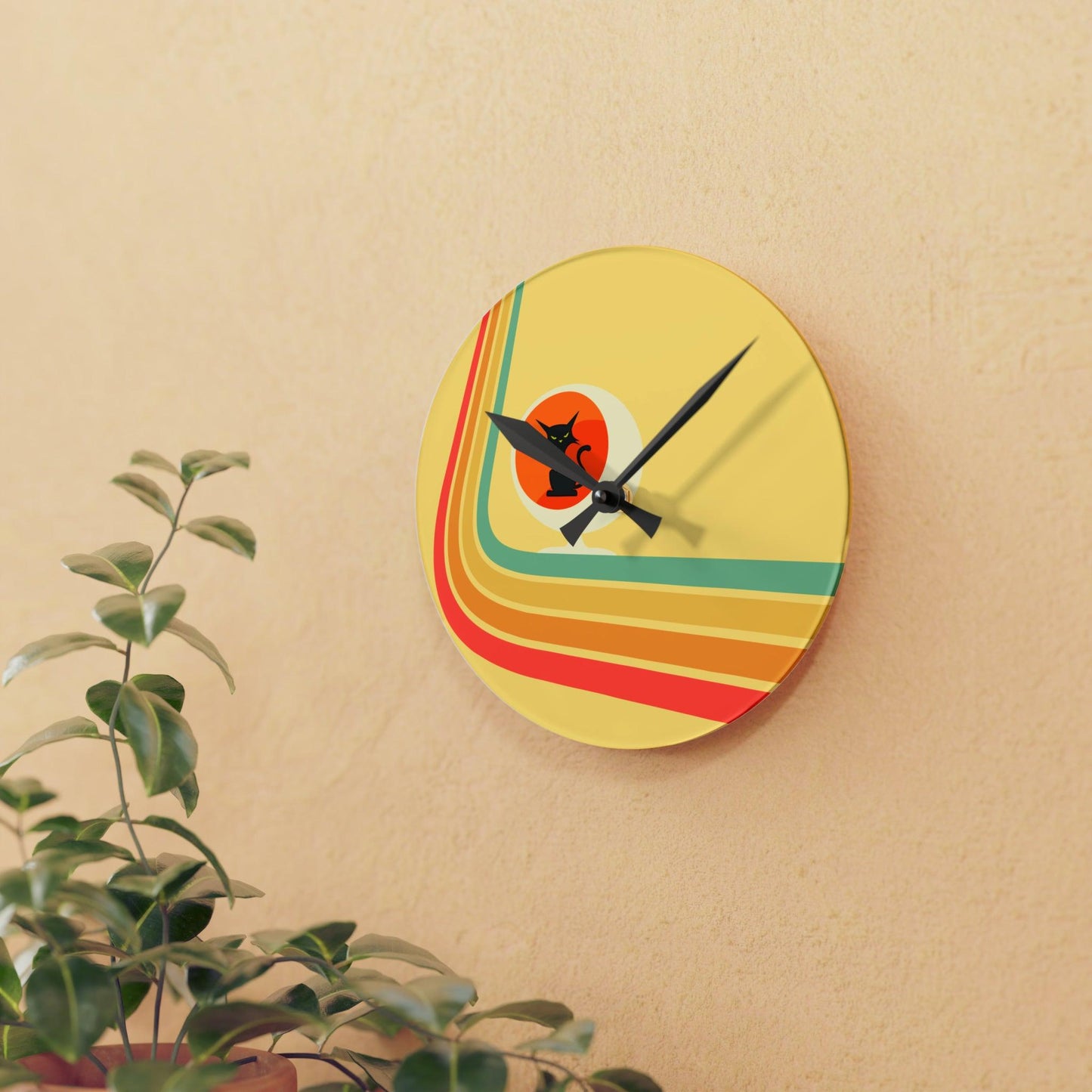 Retro Atomic Cat in Ball Chair, Yellow Mid Century Mod Acrylic Wall Clock | lovevisionkarma.com