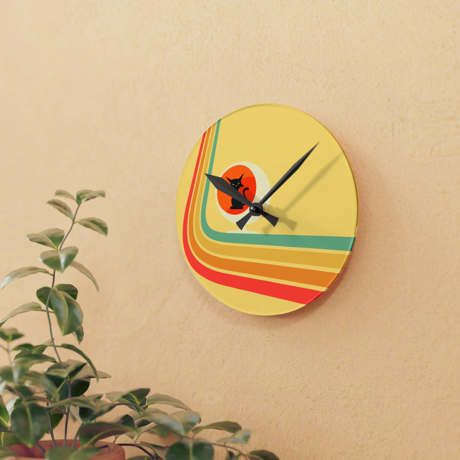 Retro Atomic Cat in Ball Chair, Yellow Mid Century Mod Acrylic Wall Clock | lovevisionkarma.com