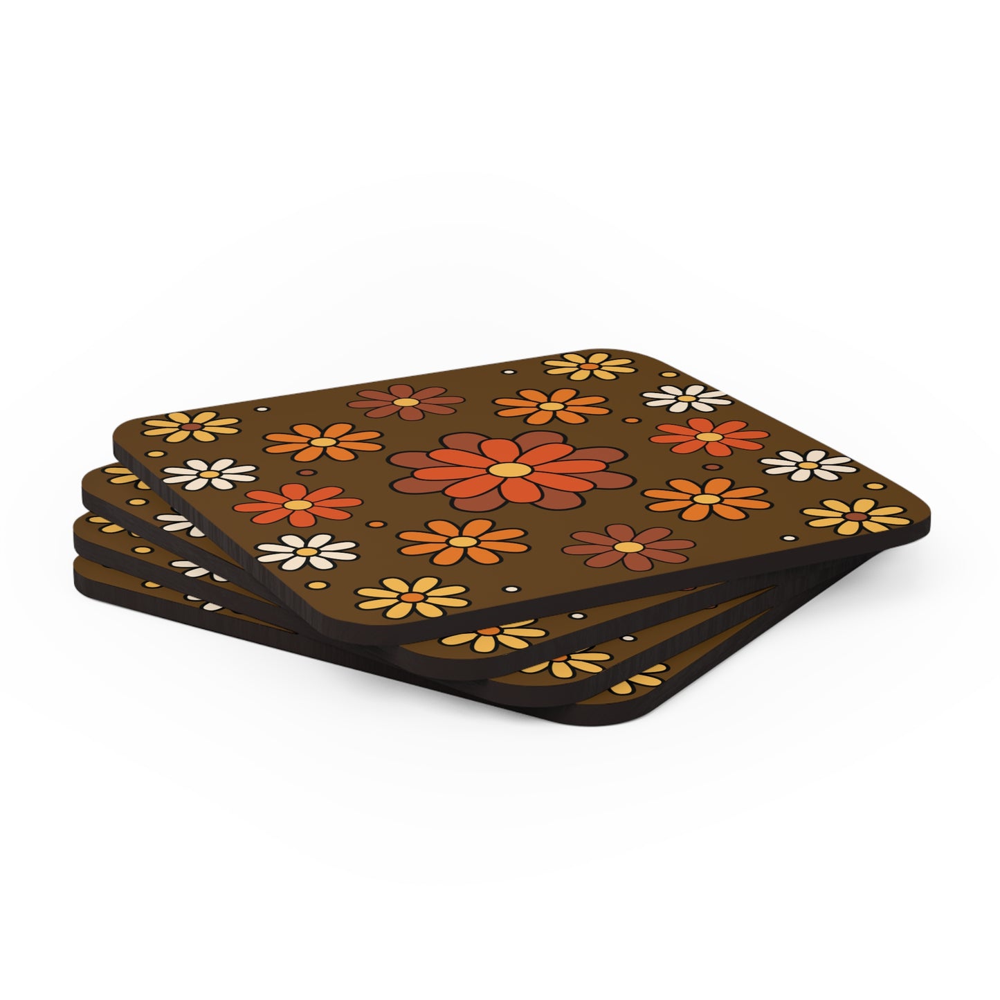 Retro 60s 70s Groovy Mod Daisy Mid Century Brown, Orange & Mustard Coaster Set