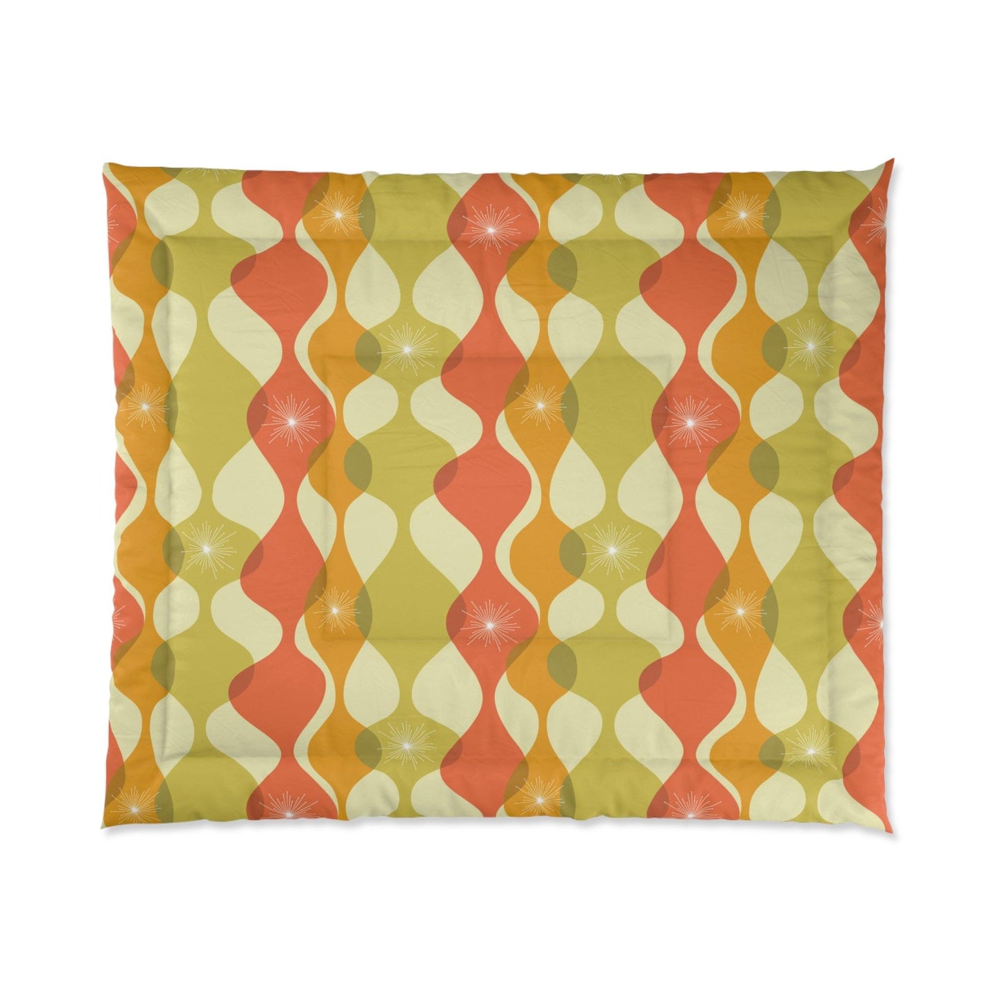 Retro 60s 70s Mid Century Mod Groovy Abstract Green, Orange & Mustard Comforter | lovevisionkarma.com