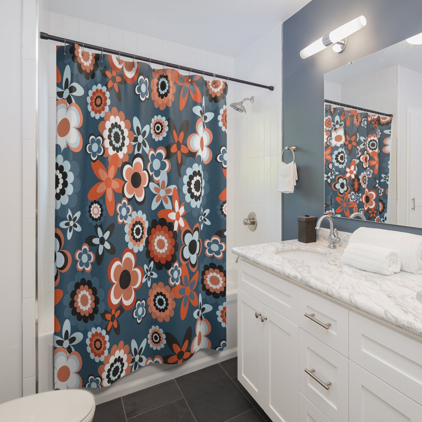 Retro 60s 70s Groovy Flowers Boho Mid Century Mod Coral & Blue Shower Curtain