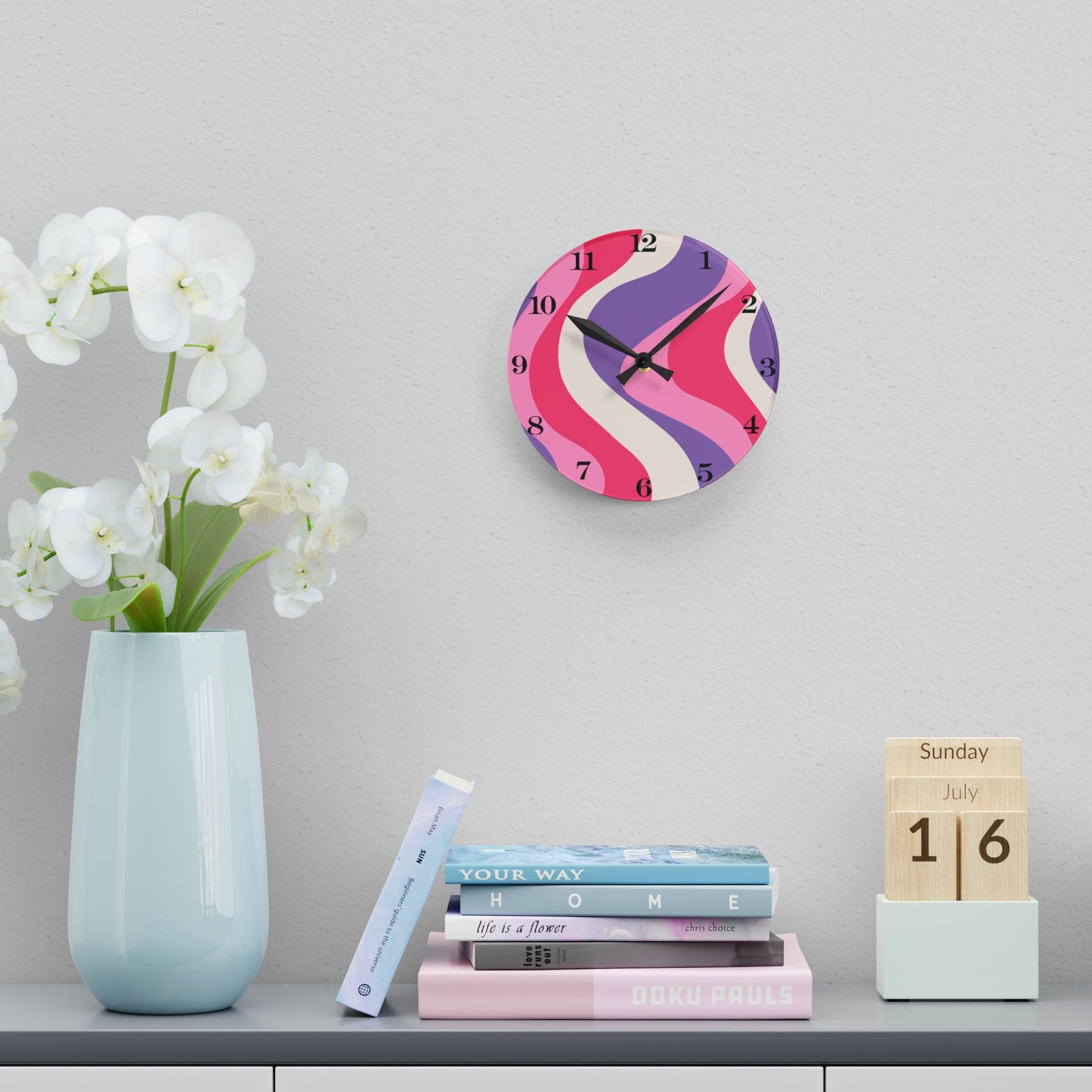 Groovy 60's Hippie Swirl Pink & Purple Mid Century Mod Acrylic Wall Clock