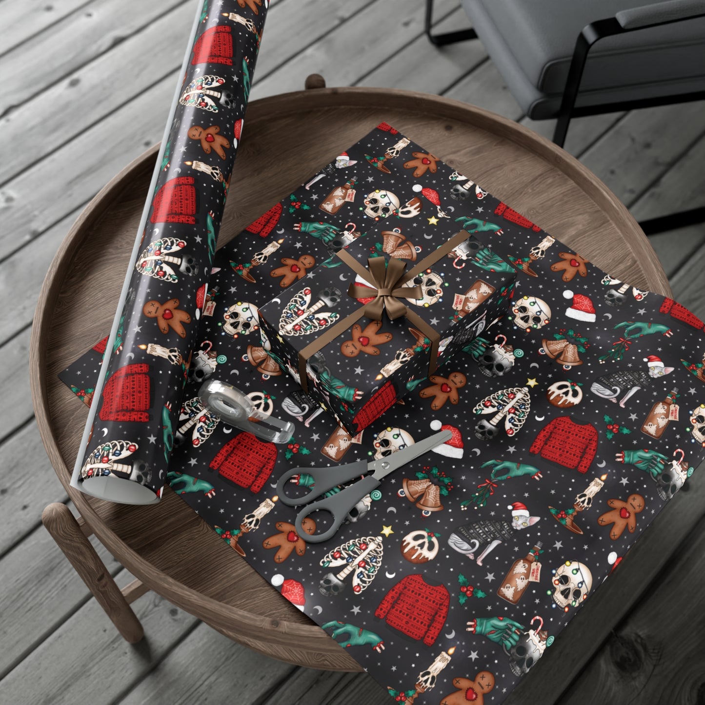 Kitschy Kawaii Goth Christmas, Creepy Cute Whimsigoth Creepmas Black Eco-Friendly Gift Wrap Paper