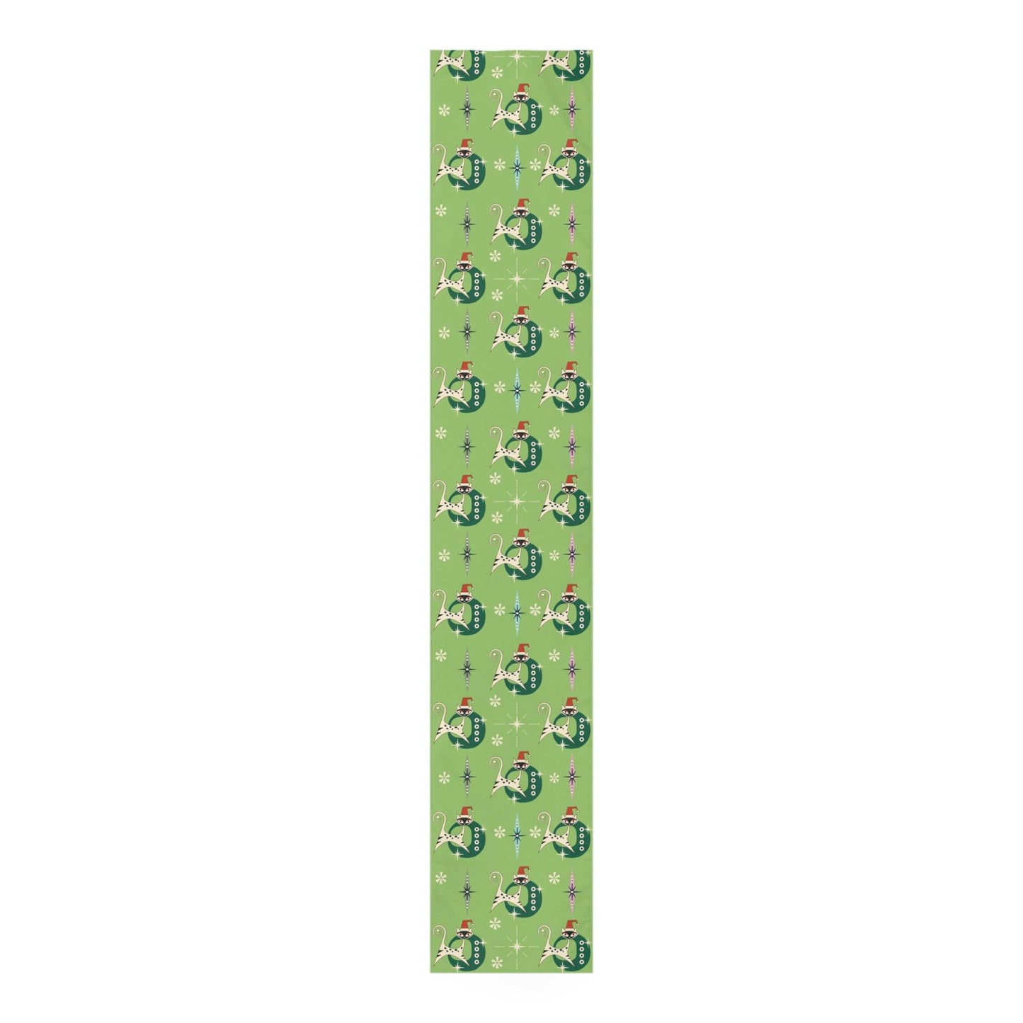 Retro 1950s Christmas Atomic Kitties in Santa Hats Vintage Green Table Runner | lovevisionkarma.com