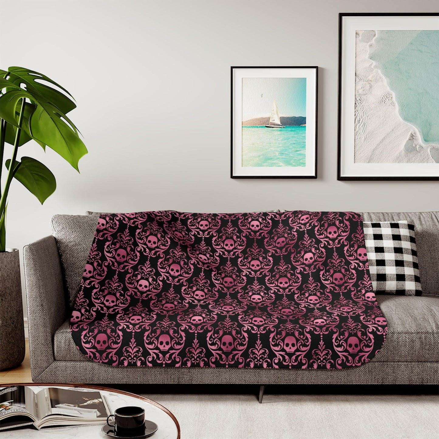 Goth Pink Skull Damask Halloween Glam Goth Black Sherpa Blanket | lovevisionkarma.com